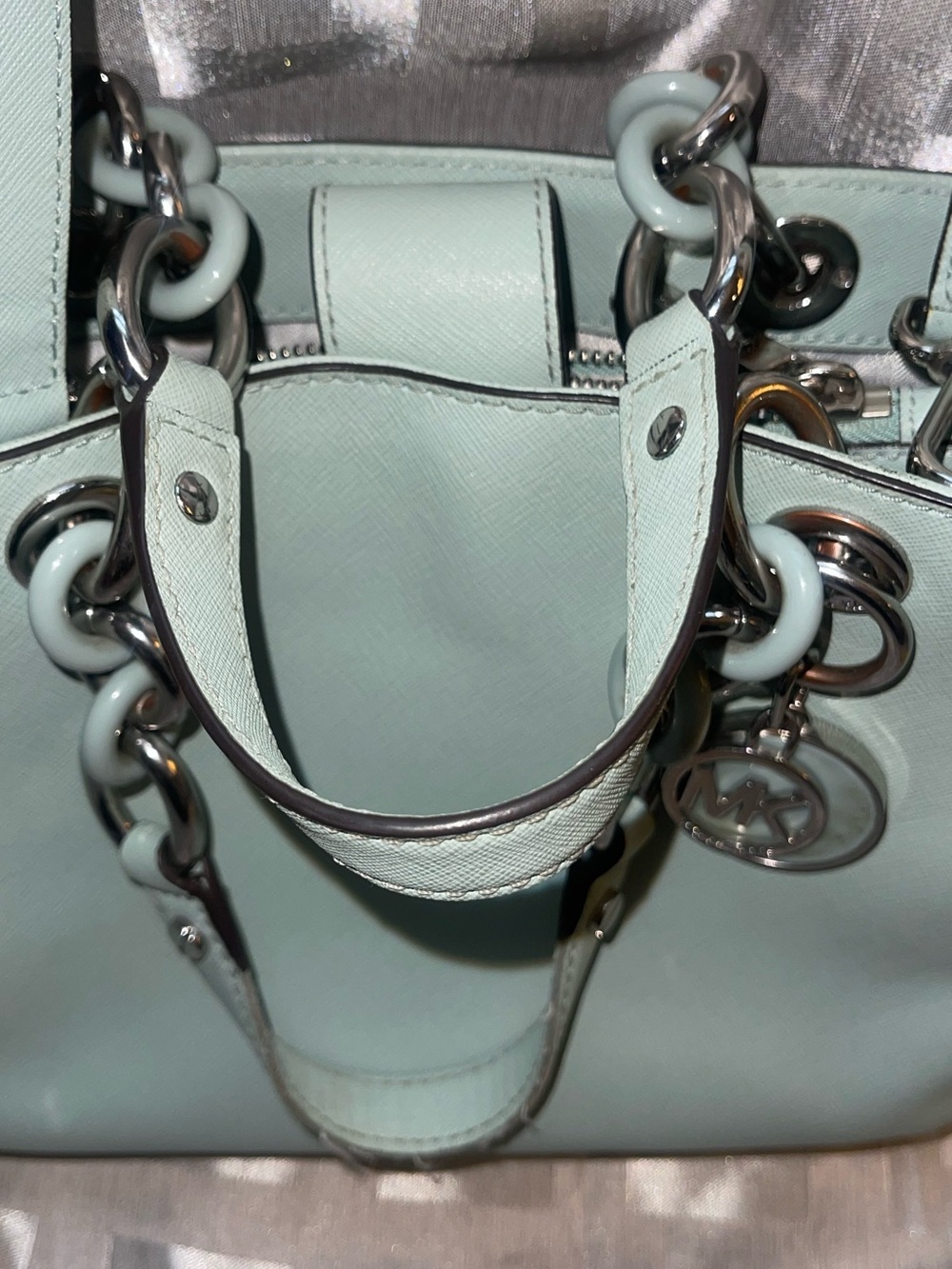 Michael Kors Cynthia Saffiano Leather Satchel with Chain Handles - Celadon - Picture 2 of 15
